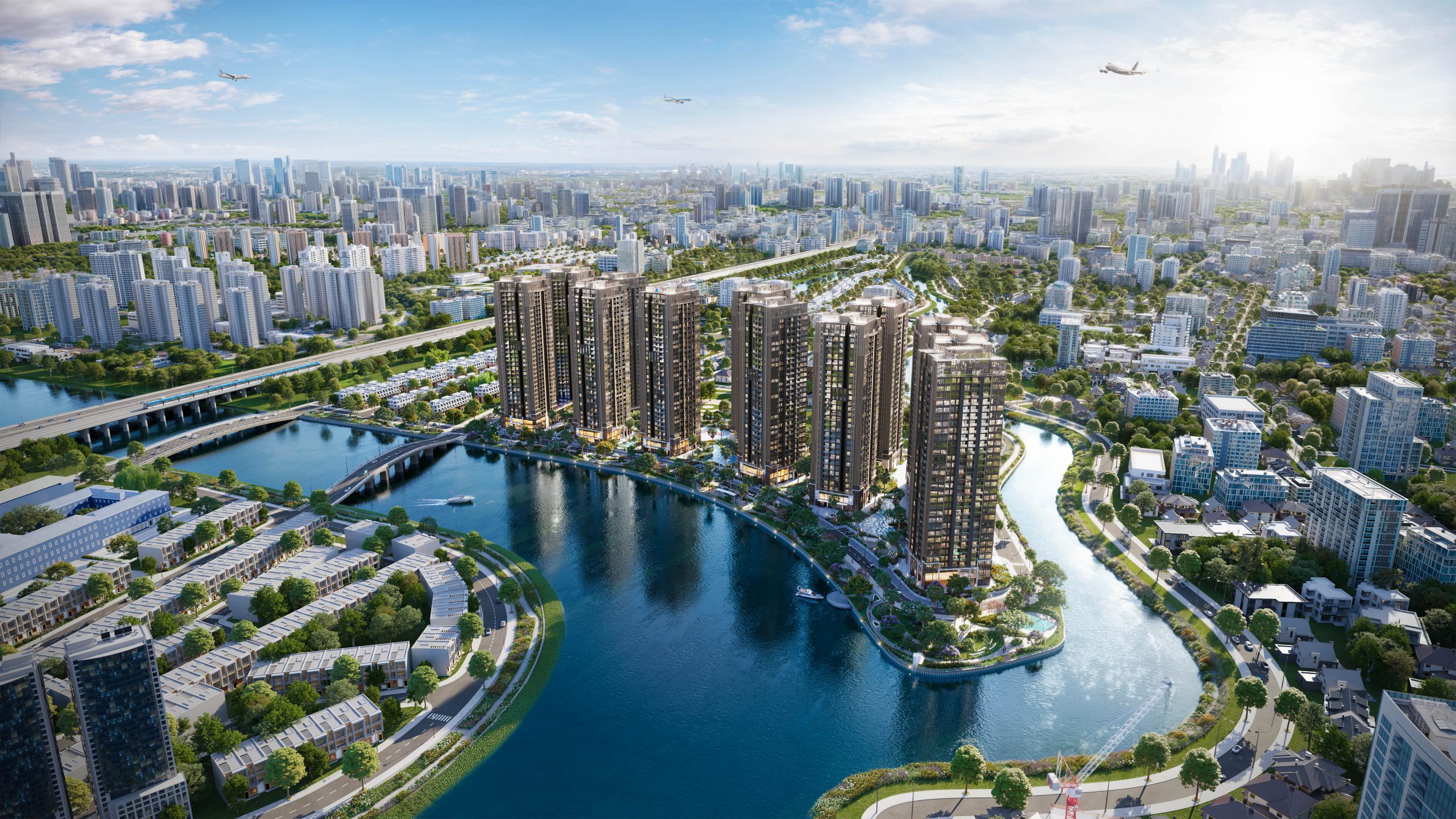 Phối cảnh tổng thể The Privé bên sông với những tòa tháp và cảnh quan xanh